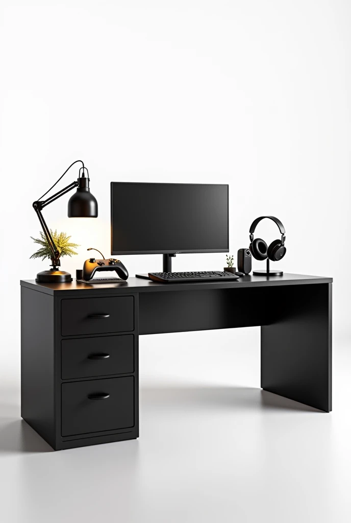 Gamer setup with microphone, xbox, microphone, Headphones, a screen, a vintage lamp from the 80s, and a black desk 2 meters long and with 3 drawers only on the left side,  on a white background. Add postmodern decor 