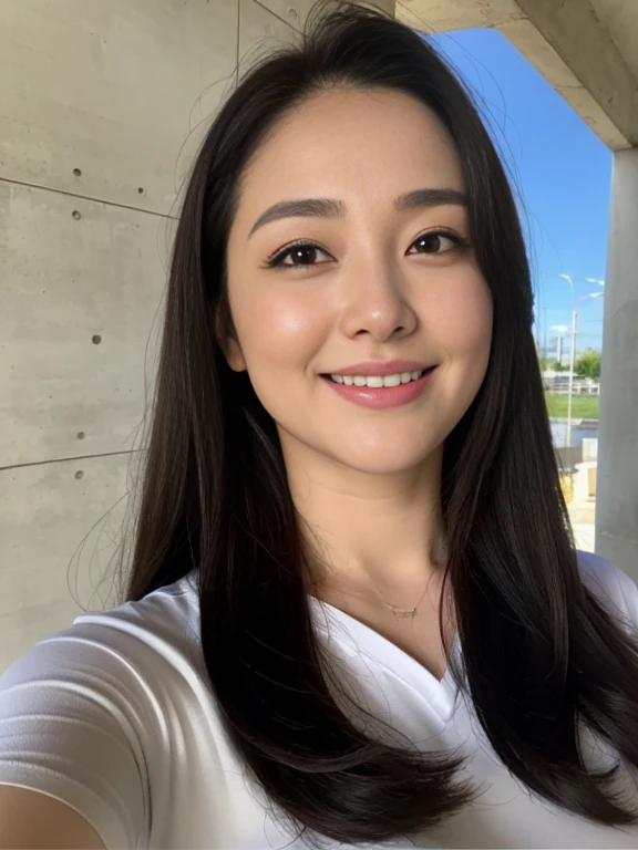 Beautiful mature woman taking a selfie、Cleans the facial skin、Glowing Skin、Thin face、Thin Nose、Big smile、Perfect body、(Big Breasts:1.3)、(Plus Size Model:1.3)、White T-shirt、Concrete wall background、White skin、Natural Makeup