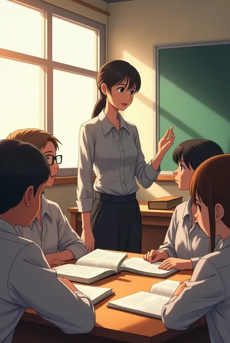 “Create an image in the style of Makoto Shinkai of the teacher asked the students to cite examples from the textbook.