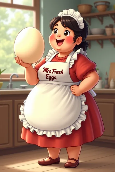 A fat girl wearing a cute cartoon maid outfit holds a large egg in her right hand, the size of a person. The apron says:"Mrs. Fresh Eggs"
