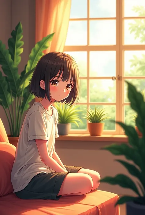 indoors,short hair girl, soft lighting, plants in background, window with sunlight, cozy room, intricate details, warm colours,anime