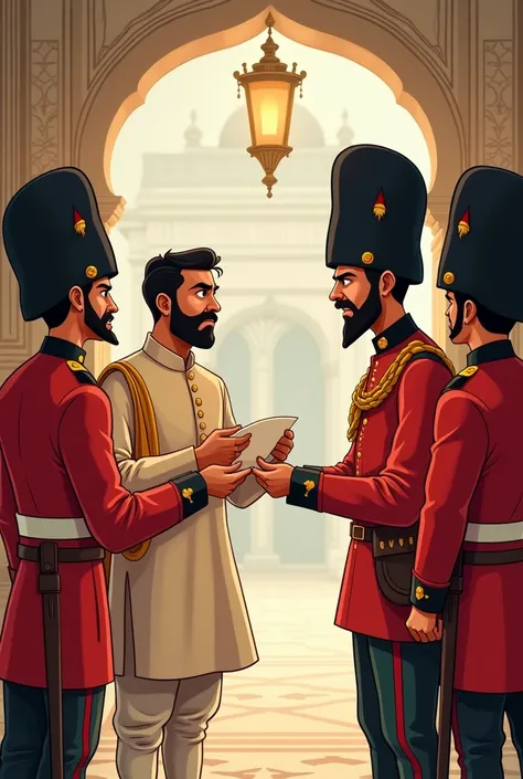 British angry army men wearing red milatary outfit giving letter to Indian man wearing kurta paijma during 1857 in palace, cartoon painting, not realistic, for children , easily drawable, less background detail 