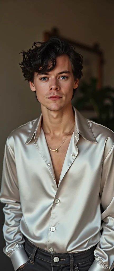 Harry Styles in a platinum silk shirt，Black curly hair，Short hair，Harry Styles youth，Standing in the living room，grace，Short hair，Living room background，front，Light，Smiling tenderly at the camera，Half-length portrait，photo shoot,Ian Hubert&#39;style