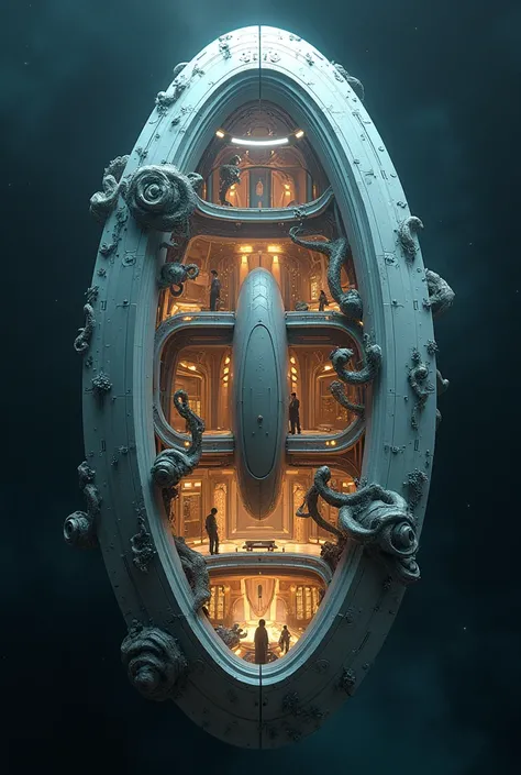 The oval ship is a cyber-organic masterpiece, where the fusion between the living and the technological is revealed in its semi-transparent design. Its exterior, a shell of advanced alien material, allows you to see the intricate interior: chambers that pu...