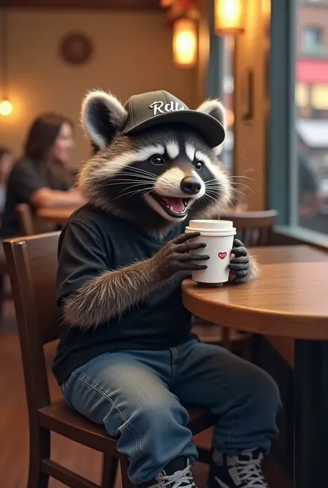 A laughing racoon , black shirt, jeans levis, nike shoe, backside snapcap, sit relaks at cafe, taking a realistic photo, holding a cup coffee