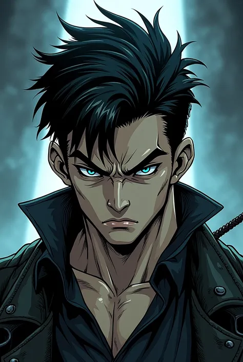 A man with sharp angular features, messy black hair with streaks of silver, dark blue eyes, and a lean but muscular build. He has a permanent scowl. Manhwa