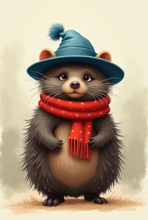 A porcupine with a blue hat and a red scarf