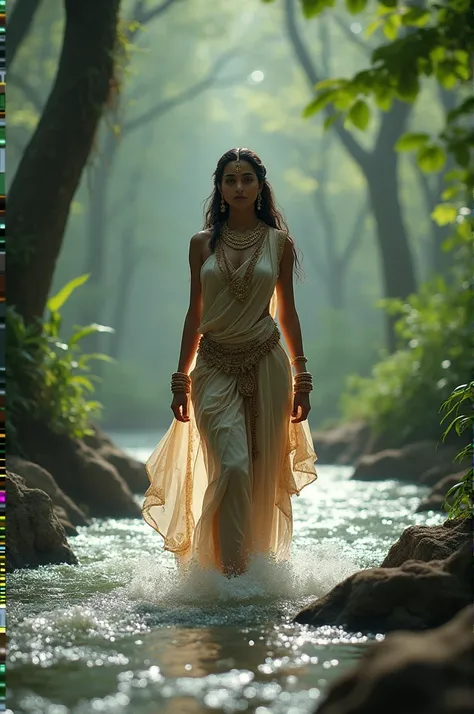 A beautiful Indian Hindu lady who crossing the river in forest but she is unable.Ai images 