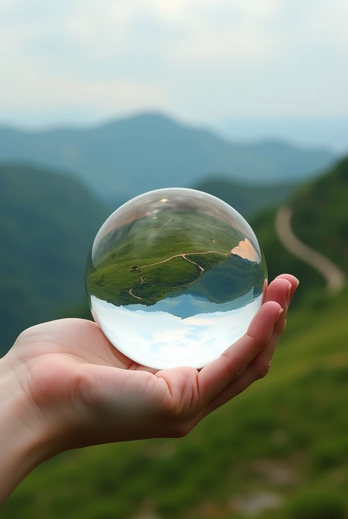 I want an image representing perspective. I want the image to be aesthetic. I want to represent an inverted image of an background picture in a small glass ball. Show like an hand holding it. The background has to be inverted in the glass ball. Take the sa...