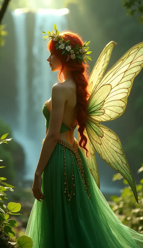 ((hyperrealistic:1.5)), stunning fairy woman with long red braided hair, wearing a shimmering green gown with golden accents, delicate translucent wings glowing in the soft sunlight, standing in a magical forest with a waterfall in the background, intricat...