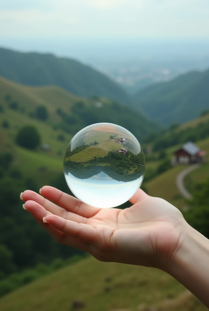 I want an image representing perspective. I want the image to be aesthetic. I want to represent an inverted image of an background picture in a small glass ball. Show like an hand holding it. The background has to be inverted in the glass ball. Take the sa...