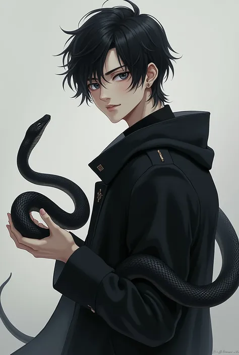 1guy, pale skin, medium length jet black hair, and piercing gray eyes. His serious yet thoughtful expression, combined with a faint smile that never seems to leave his lips and holding a black snake