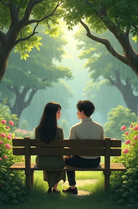 A couple sitting in a garden with rainfall background 