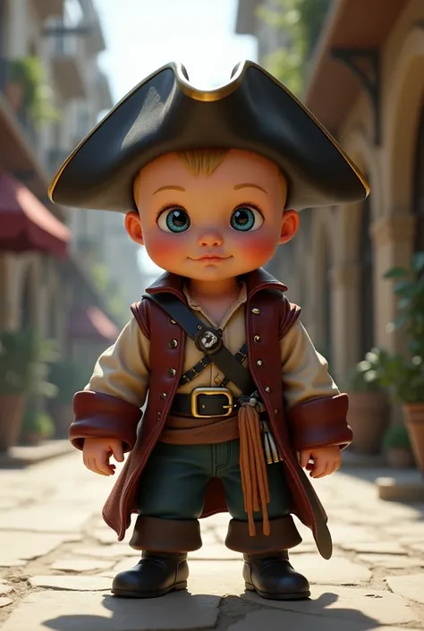 American baby boy. 
Age is  
His whole body is shown from feet to head.
 He has a shaved head with some hair growth.
 Hair color is blonde.
Eyes are very large and blue.
From the movie Pirates of the Caribbean-o
He is wearing a Jack Sparrow costume and is ...