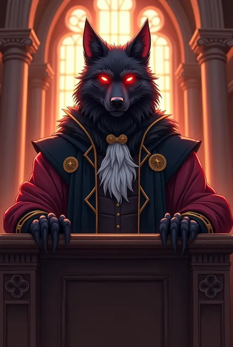 furry avatar, black wolf with red eyes, wearing a judge gown. The background is a courtroom. draw style: anime