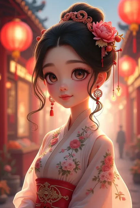 A cute little beauty with Chinese style，With big eyes showing doll-like elegance and lovely smiling lips that smile sweetly，Elegant and complex hairstyle，Headgear, hairpin and forehead pendant are highly decorative and elegant、Clothing crescent white with ...