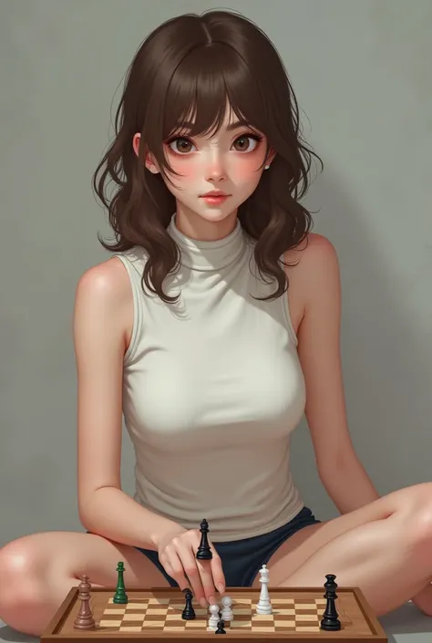 (Realistic), (masterpiece), (full body portrait)female, teen,white skin, brown hair, wearing a white sleeveless turtleneck, sleeveless, with a medium small chest, wearing shorts, playing a board game
