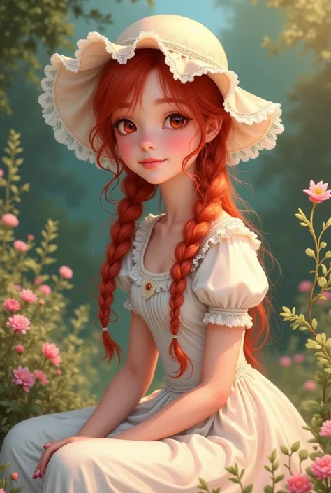 (masterpiece, best quality, High resolution: 1.4), detailed, intricate details, 4k, touch of color, Linear art, Fibonacci. Detail. adolescente slim, young girl, Long red hair, waist length hair two long braids, red eyes, smooth skin, white skin, slim, smil...