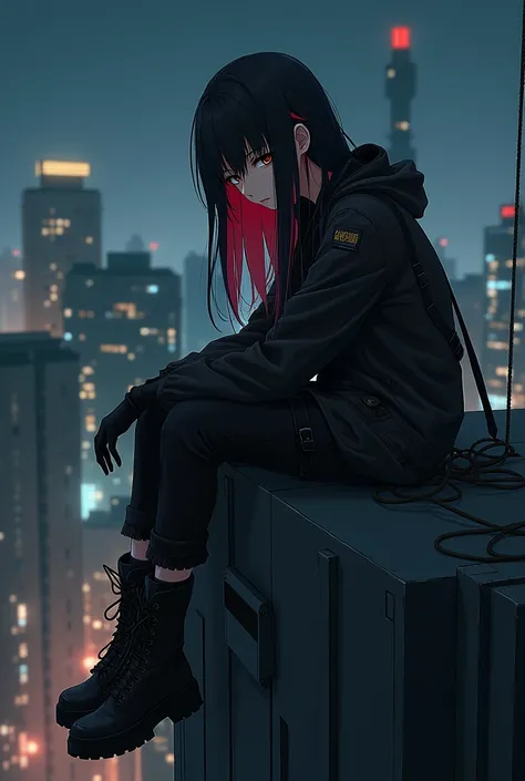 an 1 woman with black hair and red highlights, brown eyes and wearing an outfit consisting of a closed black jacket, black combat pants, combat boots with straps on both arms with a tired look sitting on top of a building at night in anime style