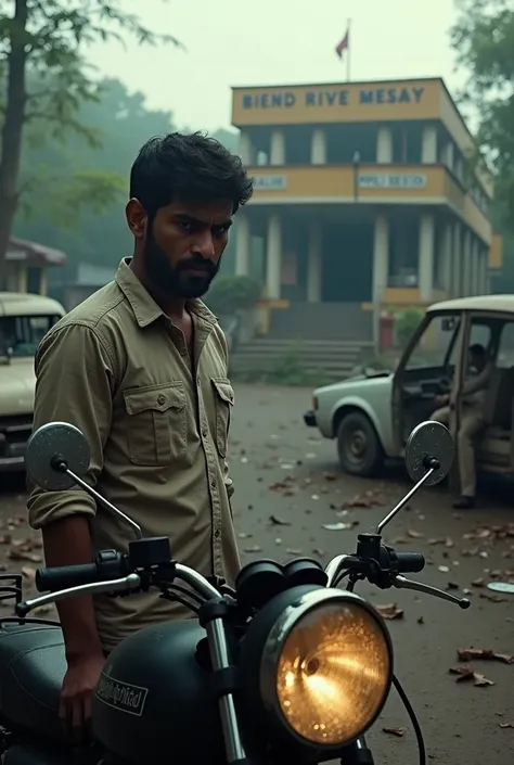 A man standing outside the Indian police station seeing his face on the bike mirror with thrashed vehicles situated around police station 