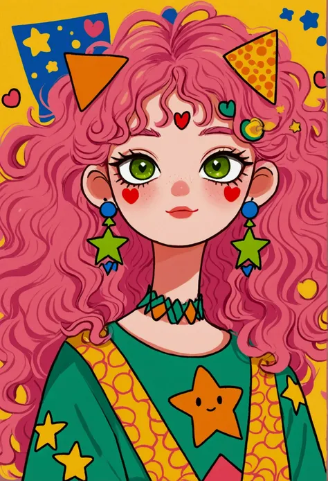 1 girl, pink curly hair, decorated with orange and green horn hair accessories. the character wears a green shirt with an orange...