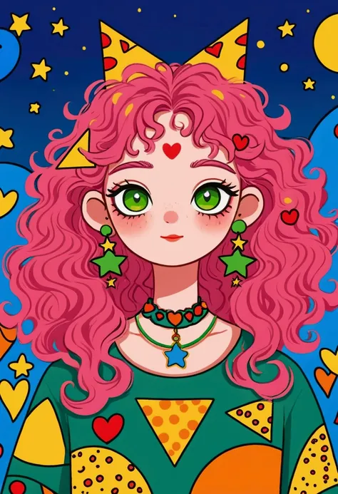 1 Girl, Pink curly hair, Decorated with orange and green horn hair accessories. The character wears a green shirt with an orange triangle pattern，Wearing star-shaped earrings. The background color is bright，Yellow-orange theme, Featuring red hearts, A blue...