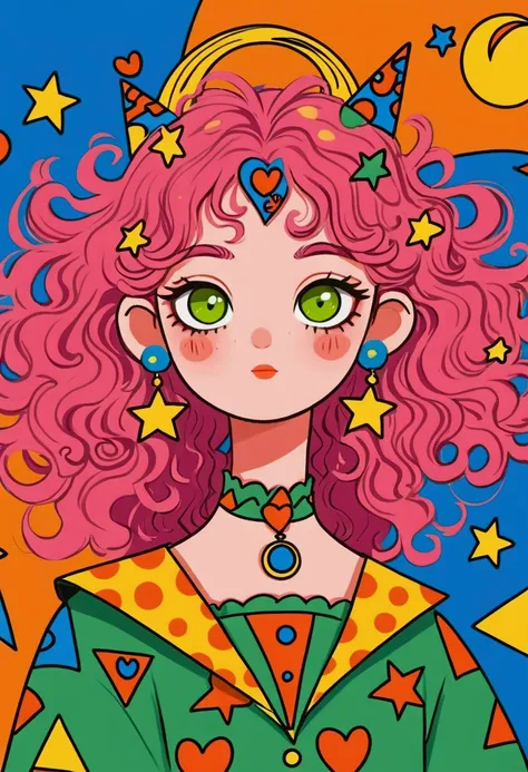 1 girl, pink curly hair, decorated with orange and green horn hair accessories. the character wears a green shirt with an orange...