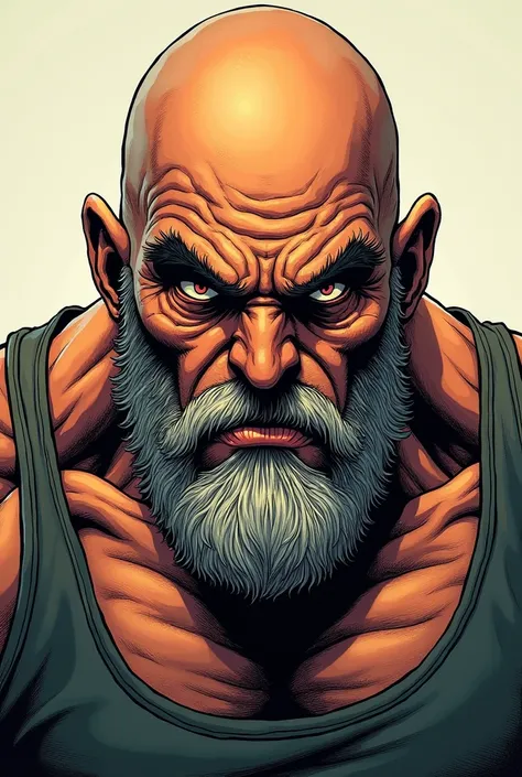 Make an elderly man muscular, make him bald and bearded and make him look furious. Make your eyes look like they&#39;re on fire and do it in a comic book style.