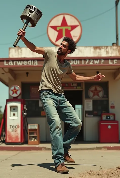 Skinny man dancing at Texaco with an Apache motorcycle piston 