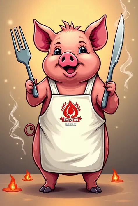 I want an image of a pig with an apron and some forks. It is for a roast meat business and the main template is the roast pig. I want it to be innovative.
