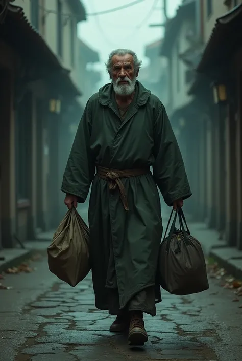 (photorealism:1.2), Servant is in dirty dark green robe and looking serouse. He is about 40 years old. He is picking to bags and walking in a street