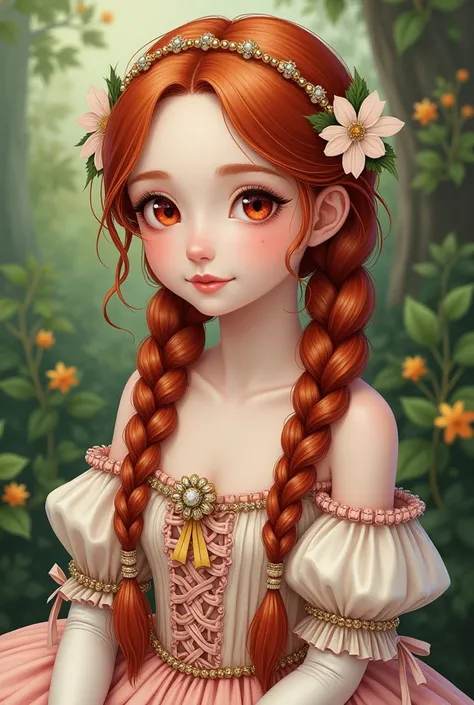 (masterpiece, best quality, High resolution: 1.4), detailed, intricate details, 4k, touch of color, Linear art, Fibonacci. Detail. adolescente slim, young girl, Long red hair, waist length hair two long braids, red eyes, smooth skin, white skin, slim, smil...