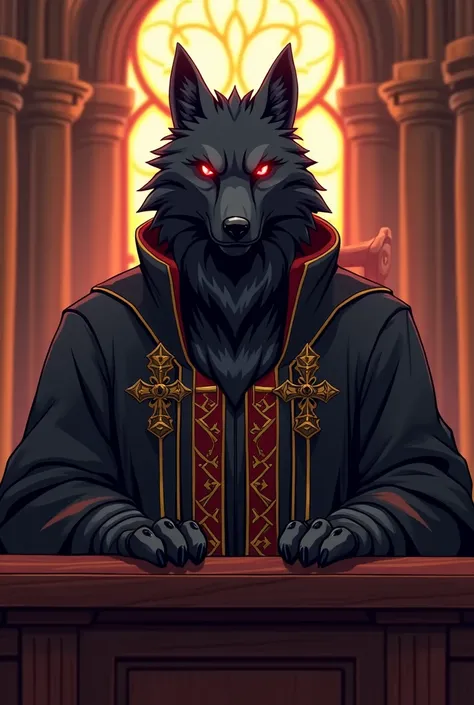 furry avatar, black wolf with red eyes, wearing a judge gown. The background is a courtroom. draw style: anime