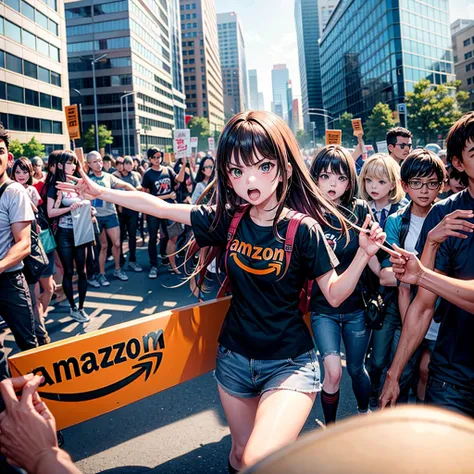 crowd of angry anime petite girls are doing strike in front of amazon company main office