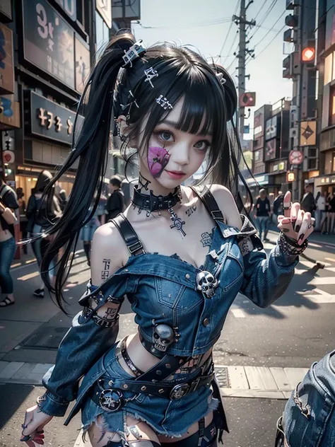 (Beautiful lips and nose:1.4)、(Long eyelashes:1.4)、(Smiling with teeth showing:1.3),(Shibuya Gal:1.5)、(Gothic intricately decorated dress:1.5)、(Tattered denim and a black punk rock mini skirt:1.5)、(Denim and black navy skull mark small jacket:1.4)、(Black g...