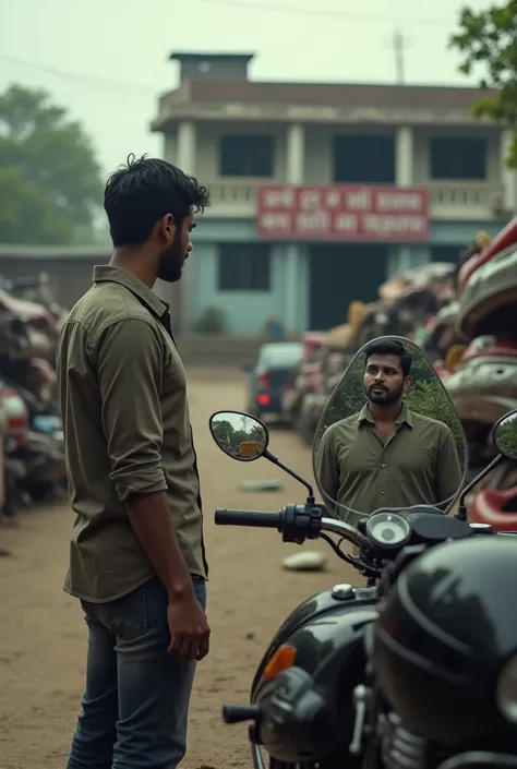 A man standing outside the Indian police station seeing his face on the bike mirror with surrounded by car dump yard by police station  with shoulder shot 