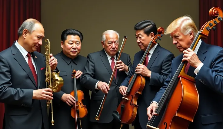 Vladimir Putin is playing electric guitar, Kim Jong Un is playing electric guitar, Joe Biden is playing electric guitar, Xi Jinping is playing electric bass, Donald Trump is playing drums. Very realistic portrait style.