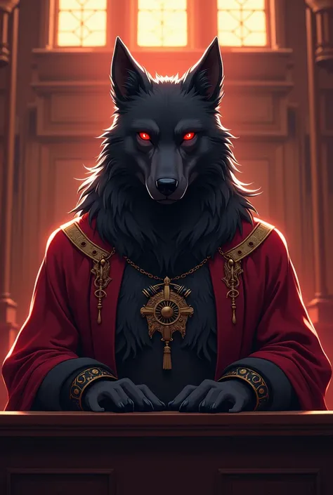 furry avatar, black wolf with red eyes, wearing a judge gown. The background is a courtroom. draw style: anime