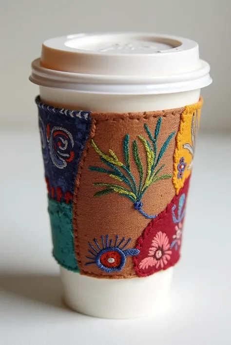 Cup sleeve design，In the form of patchwork，There are three pieces in total，One is batik，One is tie-dye，One is embroidery