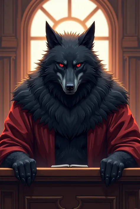 furry avatar, black wolf with red eyes, wearing a judge gown. Have more fur on the back of his head. The background is a courtroom. draw style: anime