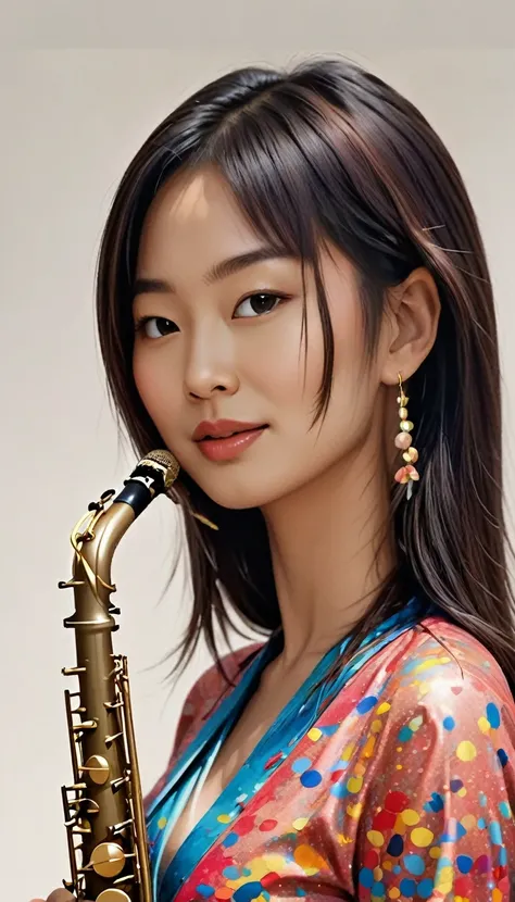 painting of an asian woman with a saxophone and a cloud of confetti, side profile artwork, beautiful artwork, art of alessandro pautasso, saxophone, extremely high quality artwork, a beautiful artwork illustration, beautiful digital artwork, artistic illus...