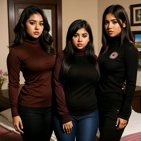 3 girls only, beautiful detailed, cute face, short, nerdy mexican emo teens, slightly chubby, different personalities, medium black hair, black hair over one eye, long sleeve turtleneck long shirt tucked in long pants, pearshaped wide hips, solo, voluptuou...