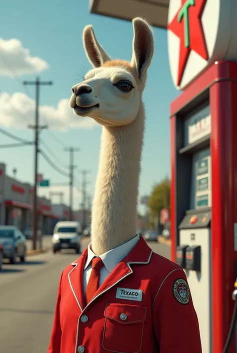 A llama working at a Texaco 