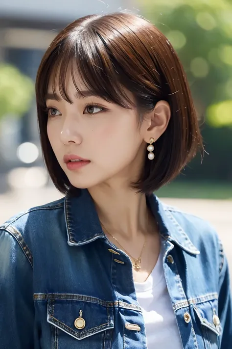 Best Quality, masterpiece, High resolution, Realistic,Front view, 8K wallpaper, perfection, Professional Lighting, Very detailed, Written boundary depth, One girl, Mature, Background is up to you、Face Up Shot、Baggy white T-shirt、Denim neakers,Small gold ea...