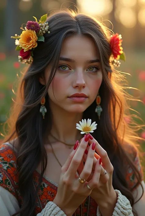 Portrait of a Lapland Sami beautiful young lady holding the most delicate flower, blurred forest background, foreground and background covered in flowers, morning sunrise, 8k