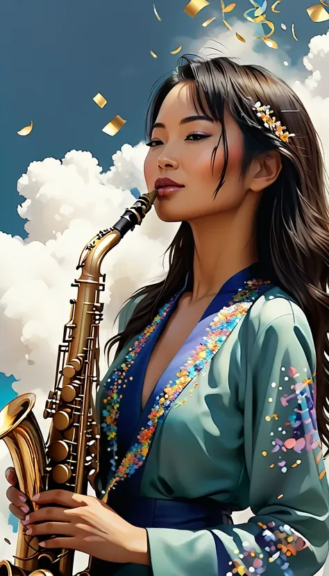 painting of an asian woman with a saxophone and a cloud of confetti, side profile artwork, beautiful artwork, art of alessandro ...