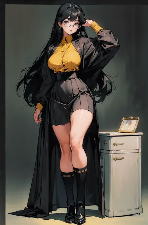 (best lighting), (best quality, masterpiece:1.2), (character sheet same character),  illustration by hajime sorayama, perfect body, hyperfeminine curves, woman, 2, (((very long black hair))), yellow eyes, glasses, thick, curvy, high fashion, short socks, s...