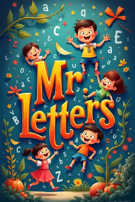 Generate a title with nice letters that says MR and THE WORLD OF LETTERS and that has background letters with children and a nice background 