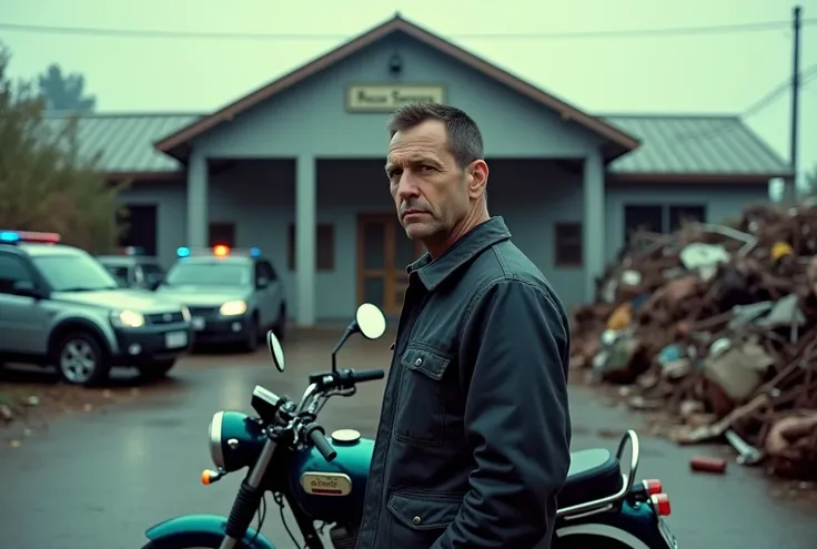 A man standing at police station with police vehicles seeing his face on the bike mirror with surrounded by car dump yard by police station  with shoulder shot 