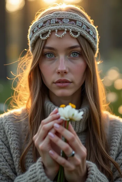 Portrait of a Sami beautiful young lady holding the most delicate flower, blurred forest background, foreground and background covered in flowers, morning sunrise, 8k